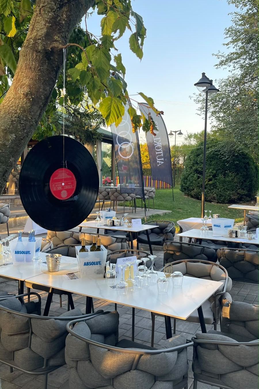 Disc de vinil atârnat de o creangă, deasupra meselor pregătite din curte